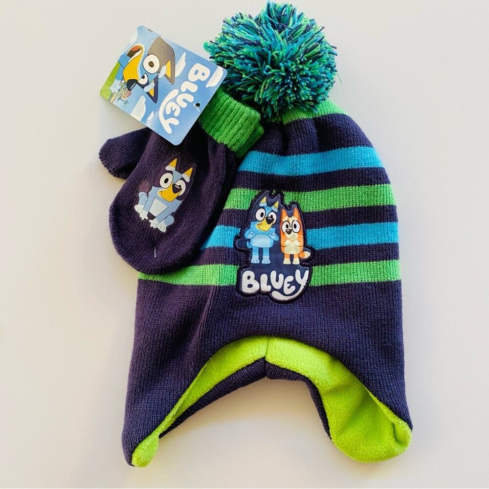 Bluey | Toddler Mitten Winter Hat Knit Fleece Ear Flap Pom Pom NWT